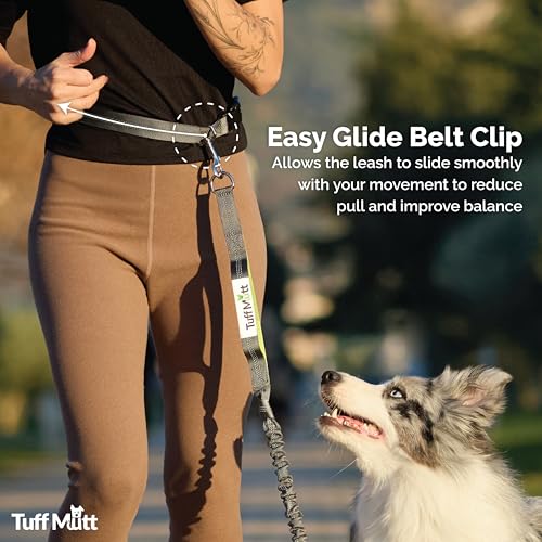 Tuff Mutt Hands Free Dog Leash for Walking Running Hiking, Waist Leash with Bungee, Adjustable Belt, Reflective Double Handle Design for Large Medium