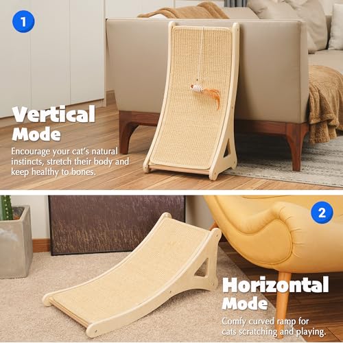 PETKARAY Curved Cat Scratcher, Sisal Kitty Scratching Ramp, L Shape Scratch Pad for Indoor Cats, 25.6" Furniture Protector with Mouse Toy