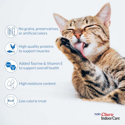 INABA Churu Indoor Care for Hairball Control, Functional Lickable Cat Treat with Taurine & Green Tea Extract, 0.5oz Each, 20 Tubes Total, Tuna & Chicken Variety