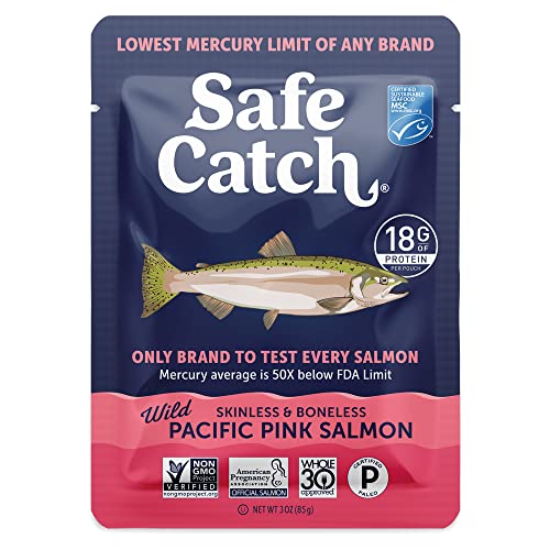 Safe Catch Wild Pacific Pink Salmon Skinless Boneless Wild-Caught Salmon Fish Pouch, Mercury Tested, Kosher, 12-Pack Salmon Pouches 3oz Packets
