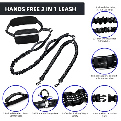 Uppetly Hands Free Double Dog Leash with Pouch, Dual Leash for 2 Dogs with Reflective Padded Handles, Durable Bungee and Lumbar Waist Belt for