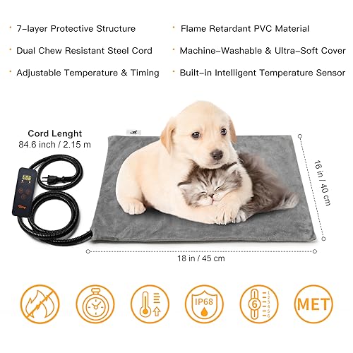 Toozey Small Pet Heating Pad, 6 Adjustable Temperature Dog Cat Heating Pad with Timer, Waterproof Heated Cat Bed with Chew Resistant Cord, Indoor Electric Pet Heated Mat 18x16in
