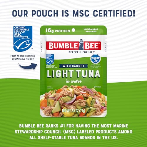 Bumble Bee Chunk Light Tuna in Water, 2.5 oz Pouches (Pack of 12) - Ready to Eat Wild Caught Skipjack Tuna Packet - 16g Protein per Serving - MSC Sustainable Seafood, Non-GMO, Gluten Free, Kosher