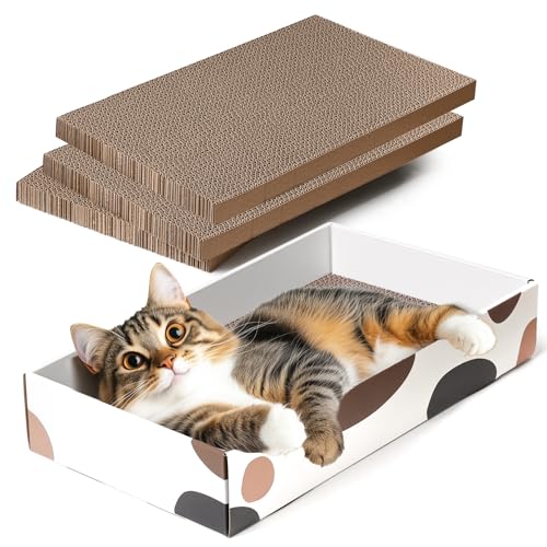 ComSaf Cat Scratcher Cardboard Indoor - 17"x10" Cat Refill Box with 3 Pcs Scratching Board Reversable Long Lasting Clawing Pad for Cats, Corrugate Scratchers Bed Sofa Couch Furniture Wall Protector