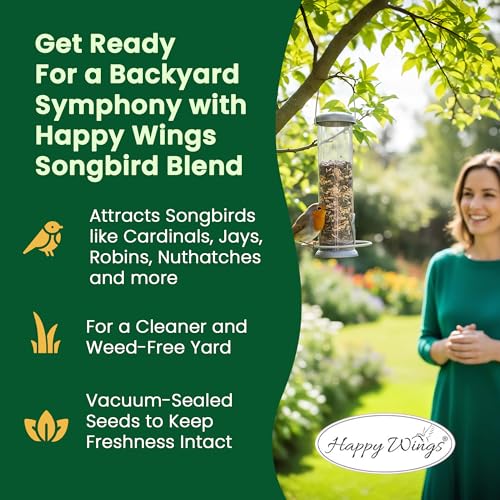 Happy Wings No Grow Bird Seed Mix 5lb - Songbird Bird Seed with Sunflower, Safflower & Peanuts - No Mess Birdseed for Outside Feeders - Suitable Birdseed for Wild Birds