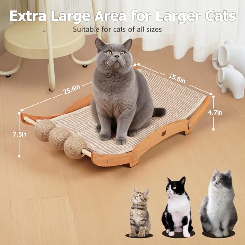 Extra-Larger Sisal Cat Scratcher Bed with Ball, 3-in-1 Cat Scratching Pad with Hammock, Natural Sisal with Solid Wood Frame Cat Scratch Post for Indoor Cats Lounger & Sleep & Scratch