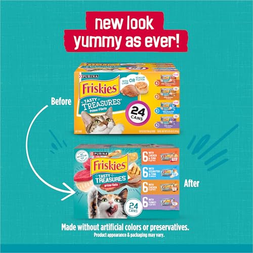 Purina Friskies Wet Cat Food Variety Pack, Tasty Treasures  Filets (With Chicken and Tuna, With Chicken, and With Ocean Fish and Tuna, and With Turkey) - (Pack of 24) 5.5 oz. Cans