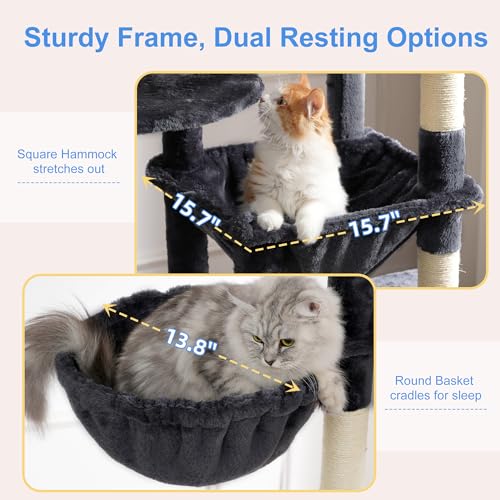 Heybly Cat Tree, 76-Inch Tall Heavy Duty Cat Tower for Big Cats with Extra Wide Baseboard, Multi-Level Large Cat Furniture with 2 Condos & 2 Hammocks, 10 Scratching Posts, Smoky Gray HCT039G
