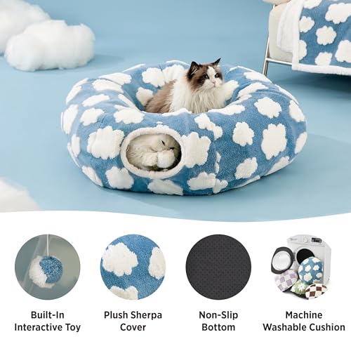 Lesure Cat Tunnel Bed for Indoor Cats - Cute Cat Donut Tunnel Toys for Small Large Cats with Washable Circle Cushion, Round Pet Peekaboo Cave Toy for Kitten/Puppy/Rabbit, Standard Cozy Clouds Blue