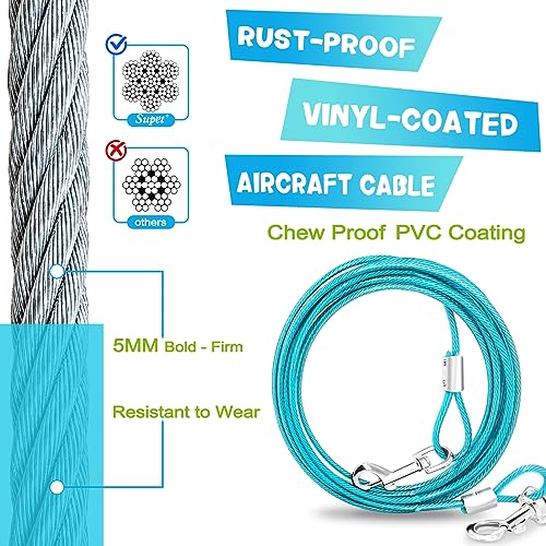 Supet Dog Tie Out Cable and Stake, Heavy Duty Runner with 32/16/10 FT Lead, Long Leash/Tether for Camping Backyard Outdoor Ground, Chain for Medium