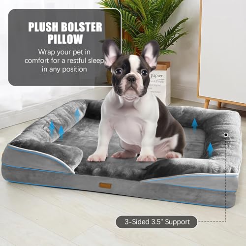Orthopedic Dog Bed with Sides - Dog Sofa Beds for Medium Dogs, Supportive Foam Pet Couch Bed with Washable Removable Cover, Waterproof Lining and Non-Slip Bottom, Grey - M