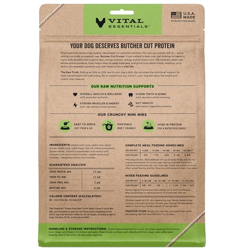 Vital Essentials Freeze Dried Dog Food, Raw Rabbit Crunchy Mini Nibs | Complete Meal or Topper | 96% Rabbit, Organs & Bone | Limited Ingredient, High Protein, Grain Free Dry Dog Food | 14 oz Bag