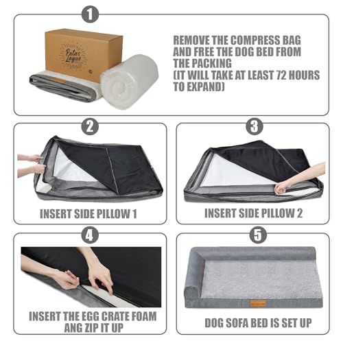 Patas Lague Orthopedic Dog Bed Large Sized Dog 36''X24'', Waterproof L Bolster Medium Pet Sofa Beds with Removable Washable Cover, Soft Comfortable Pet Couch Crate Mat with Nonskid Bottom, Black