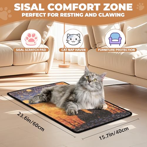 Sisal Cat Scratcher Mat, Cat Wall Scratcher for Indoor Cats, 23.6x15.7 Inch Cat Scratch Pad with Hook & Loop, Wall Mounted Cat Scratching Post to Protect Couch and Carpet（StarryNight）