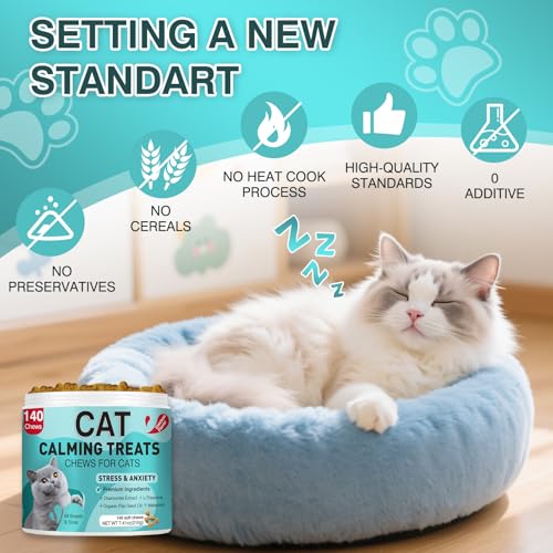 Cat Calming Treats, 140 Soft Chews to Relieve Anxiety, Stress & Prevent Bites, Perfect for Travel & Veterinary Visits, Soothing Calming Care for