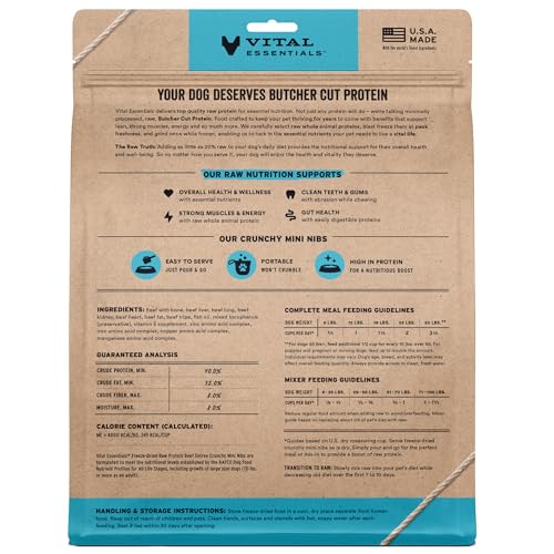 Vital Essentials Freeze Dried Dog Food, Raw Beef Crunchy Mini Nibs | Complete Meal or Topper | 96% Beef, Organs & Bone | Limited Ingredient, High