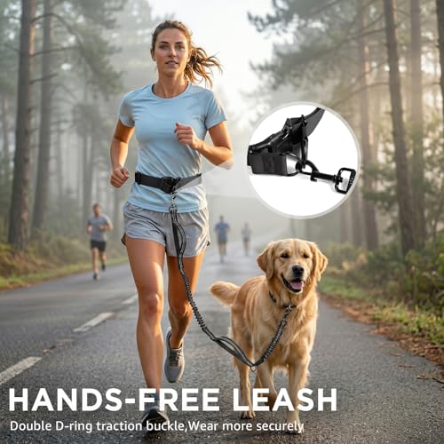 Hands Free Dog Leash with Waist Pack & 4 Metal Clips - Adjustable Leash with Reflective Stitching and Shock Absorbing Design for Walking, Jogging