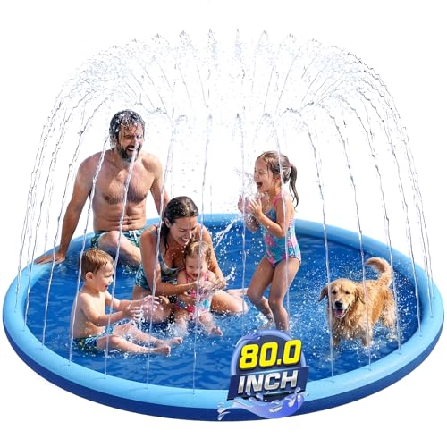 Non Slip Splash Pad for Kids and Dogs, 80" Sprinkler Splash Pad with 5mm Reinforced Edges,0.58mm Thickened Dog Pool,Outdoor Water Toys for
