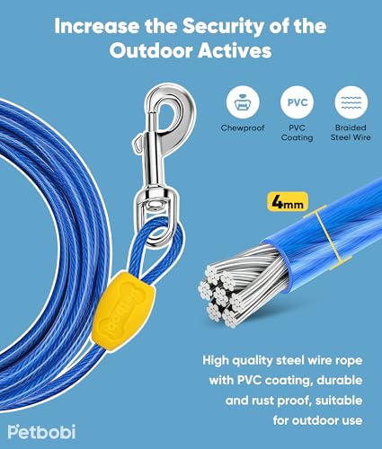 Petbobi Dog Tie-Out Cable 30ft -Heavy Duty Dog Lead Up to 120 lbs, Outdoor Leash Metal Cable with Shock Spring 360° Swivel Clips, for Yard Camping