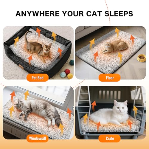 Self Warming Cat Bed, Heated Cat Bed, 2.0 Upgraded Thermal Foil Heating Pad, Plush Self-Heating Pet Mat for Crate, Floor, with Removable Washable Cover, Non-Slip, 15"x19"