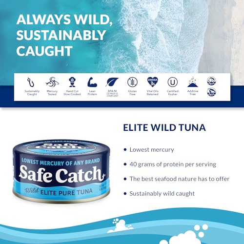 Safe Catch Canned Wild Tuna Fish, Wild Caught, Lowest Mercury, Gluten-Free, Kosher, Non-GMO, Whole30 Approved, Paleo, Keto Food, 5oz Can, 12-Pack