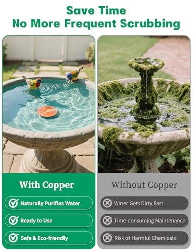 2-Pack Bird Bath Copper Disk, 0.6mm Thick 99.9% Pure Copper Cleaning Disk with Triple-Point Support, Safe Nature’s Purifier Clean Water All Season, Universal for Outdoor Birdbaths Bowls