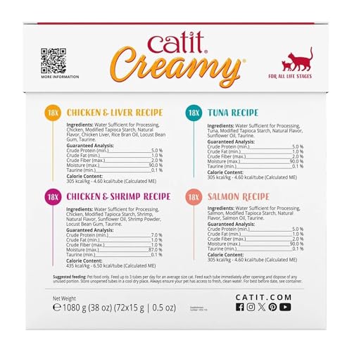 Catit Creamy Lickable Cat Treat – Healthy Variety of Flavors, 72 Pack, Hand-Feed or Serve, Nutrient-Rich Squeeze Tube, 0.5 oz Each