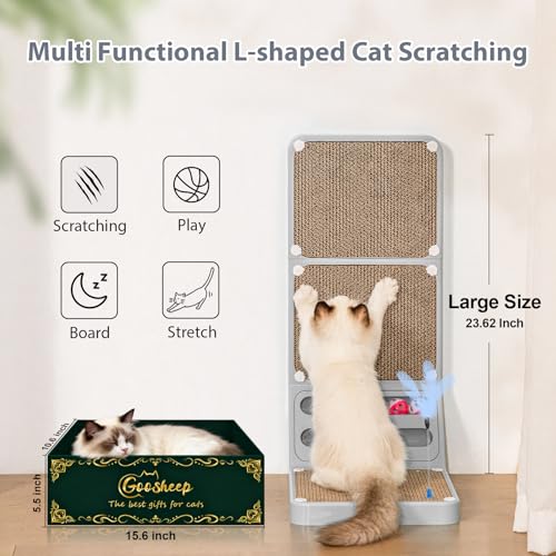 Cat Scratching Post Cat Scratching Board,2-in1 L Shaped Cats Cardboard Scratcher with Box, Kitten Scratcher Ball Wall Scratchers Pad for Indoor Cats Grey