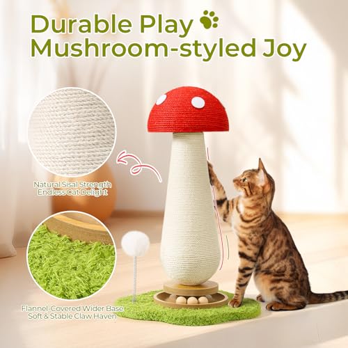 Cat Scratching Post, Mushroom Cat Scratcher with Interactive Ball Track Spring Ball Toys Cute Sisal Scratchers Post for Indoor Adults Kitten with
