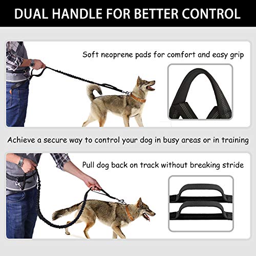 Hands Free Dog Leash, Waist Running Leash with Zipper, Walking Pouch for Medium Large Dogs, Dual Handle and Retractable Bungee for Training Jogging