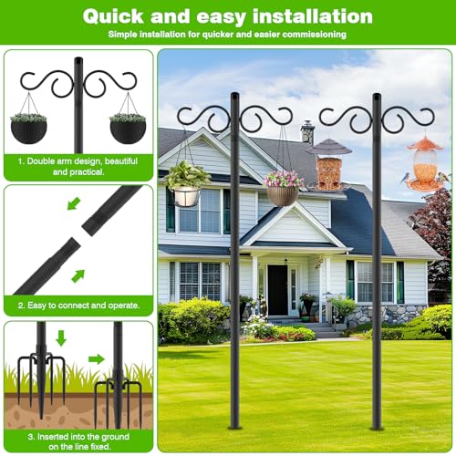 Double Shepherds Hooks for Outdoor,2 Pack 90 Inch Bird Feeder Pole with 5 Prongs Base,Heavy Duty Shepherds Hook,Suitable for Garden in Hanging Flower Basket,Lantern,Bird Nests (90 Inch)