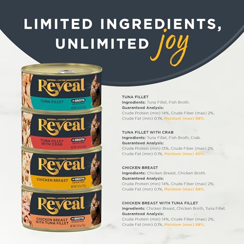Reveal Natural Wet Canned Cat Food, 4-Flavor Variety Pack, Limited Ingredient, Grain Free, High Protein with No Artificial Additives, Fish and Chicken Variety in Broth (20 x 2.47 oz Cans)