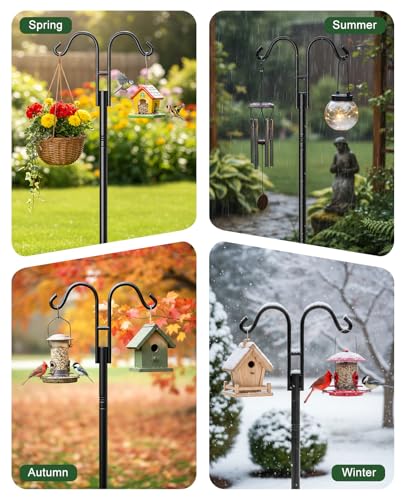 Double Shepherds Hooks, 76 Inch Bird Feeder Pole with 5-Prong Base, 3/4 Inch Thick Heavy Duty Adjustable Garden Hooks for Hanging Plants, Hummingbird Feeder, Solar Lights, Lantern Outdoor Garden Decor