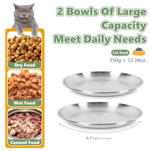 4-Pack Stainless Steel Cat Food Bowls, Shallow Whisker-Friendly Non-Slip Silicone Base Metal Dishes, Easy to Clean Indoor Feeding Flat Plates for Cat, Kitten, Small Dog (6.7")