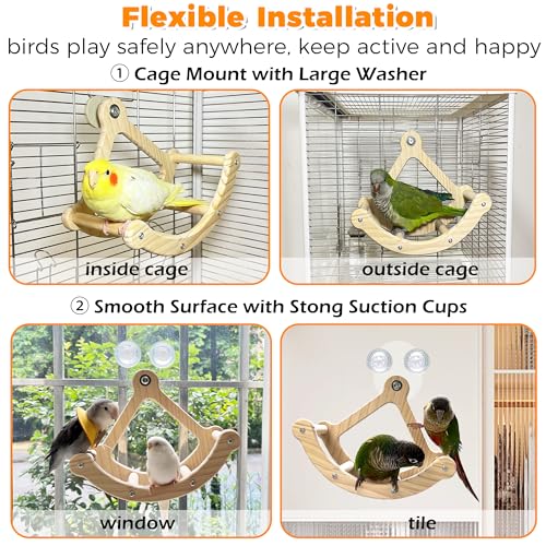 Rocking Bird Toys Perch for Window and Cage, Bird Perch for Wall Suction Mount, Wooden Parrot Toys for Medium Birds, Enrichment Cockatiel Toy Fun and Accessoriess for Budgie, Lovebird, Conure