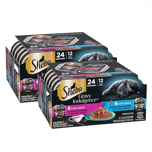Sheba Gravy Indulgence Adult Wet Cat Food Salmon Entree in Extra Gravy and White Fish Entree Variety Pack, 2.6 oz. Twin-Pack Trays, (12 Count, 24 Servings) (Pack of 2)