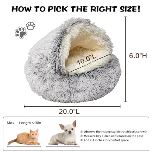 ShinHye Cat Bed Round Plush Fluffy Hooded Cat Bed Cave, Cozy for Indoor Cats or Small Dog beds, Soothing Pet Beds Doughnut Calm Anti-nxiety Dog Bed - Waterproof Bottom Washable (20×20inch, Grey)
