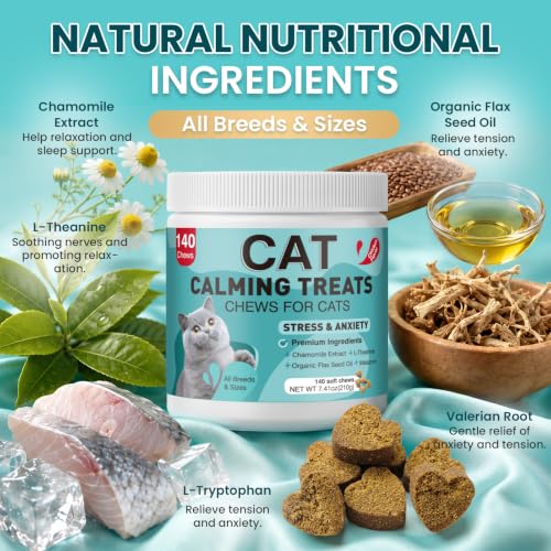Cat Calming Treats, 140 Soft Chews to Relieve Anxiety, Stress & Prevent Bites, Perfect for Travel & Veterinary Visits, Soothing Calming Care for