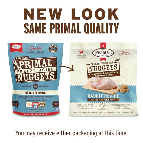 Primal Freeze Dried Raw Cat Food Nuggets Rabbit, Complete & Balanced Meal or Topper, Premium, Healthy, Grain Free, High Protein Raw Cat Food with Probiotics (14 oz)