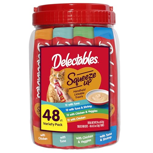 Delectables Squeeze Up Variety Pack, Creamy Squeezable Puree, Lickable Wet Cat Treats, Grain Free, No Added Fillers, No By-Products, No Added Preservatives, 0.5 Ounces Tube, 48 Tubes Total