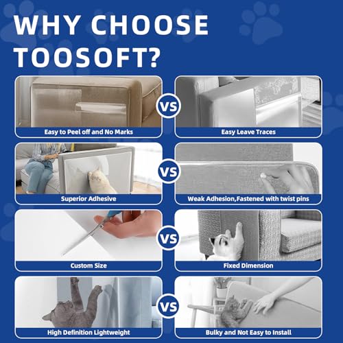 TOOSOFt Anti Cat Scratch Furniture Protector Clear Thicken Vinyl 196.9"x16.5" Couch Protector from Cat Claws - Single Sided Sticky Flexible Dog Tape for Furniture, for Couch Corner Door Walls Bed