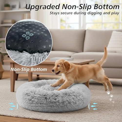 JOLLYVOGUE Small Dog & Cat Beds for Indoor Cats - 20 inches Calming Donut Dog Bed for Kittens & Puppies, Washable Round Fluffy Plush Faux Fur Pet Beds (Smoke Grey)