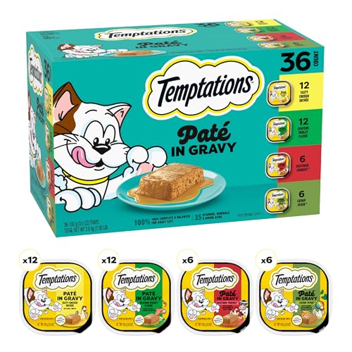 Temptations Pate in Gravy Adult Wet Cat Food Tasty Chicken Entree, Seafood Medley, Backyard Cookout, and Catnip Fever, 3.5 oz. Trays (36 Count, Pack