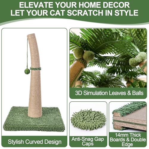 40'' Tall Cat Scratching Post Cat Tree, Curved Design Cat Scratcher Post with 3 Interactive Balls, Natural Sisal Rope Cat Scratching Posts for Indoor Cats Adults Kittens, Multi-Combinable (Style A)