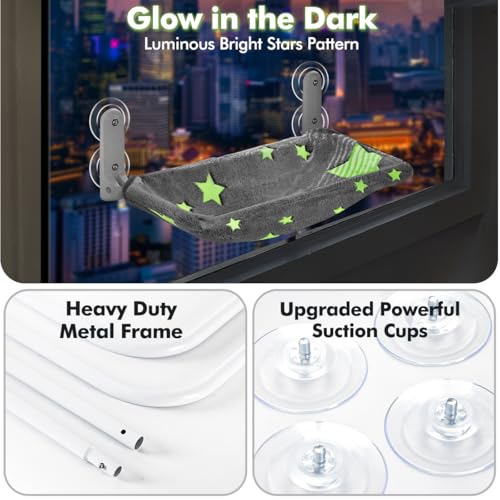 Cat Window Perch, Glow in The Dark Cordless Foldable Pet Hammock Bed for Window with Sturdy Metal Frame, Glowing Stars Pattern Resting Seat for Indoor Cats (Stars - M)