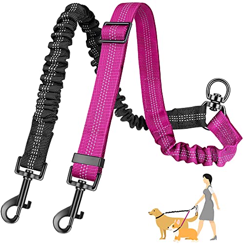 AUTOWT Two Dog Lead, 2 in 1 Upgraded Double Dog Leash Attachment Combine Adjustable Strap and Shock Absorbing Bungee No Tangle Dual Training Splitter