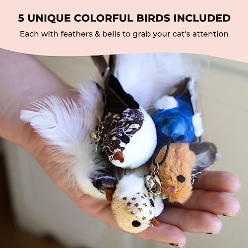 Whiskertons Interactive Bird Simulation Cat Toy Set, Interactive Cat Toys for Indoor Cats, Cat Feather Toy, Self-Holding Suction Base, 5 Replacement