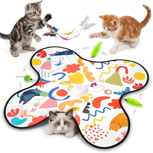 Interactive Cat Toys for Indoor Cats–Rechargeable Automatic Hide and Seek Kittens Toy with Moving Wand Feathers,Fluttering Butterfly,Real Mouse Squeaky,Motion Activated for Exercise & Bored Adult Cats