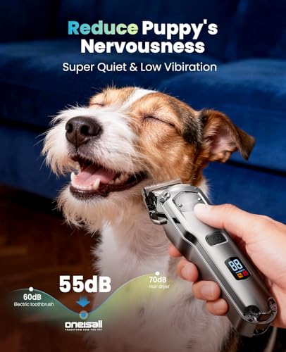 oneisall Dog Clippers for Grooming for Thick Heavy Coats/Low Noise Rechargeable Cordless Pet Shaver with Detachable Stainless Steel Blade/Waterproof Dog Shaver for Dogs Pets and Animals (Silver)