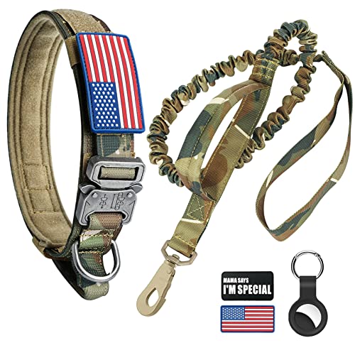 Tactical Dog Collar and Bungee Leash, Camo Military Dog Collar & Leash Set with USA American Flag Adjustable K9 Collar with Heavy Duty Metal Buckle